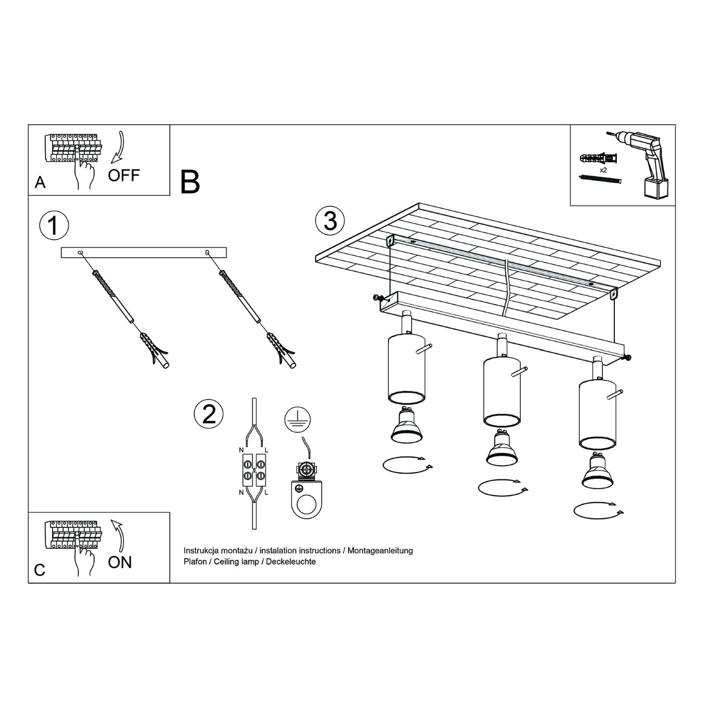SOLLUX lighting Lampada Da Soffitto Orientabile Faretto Da Soffitto Di Acciaio 3 Paralumi 45 x 6 x 17 cm Ocra Rossa Ring
