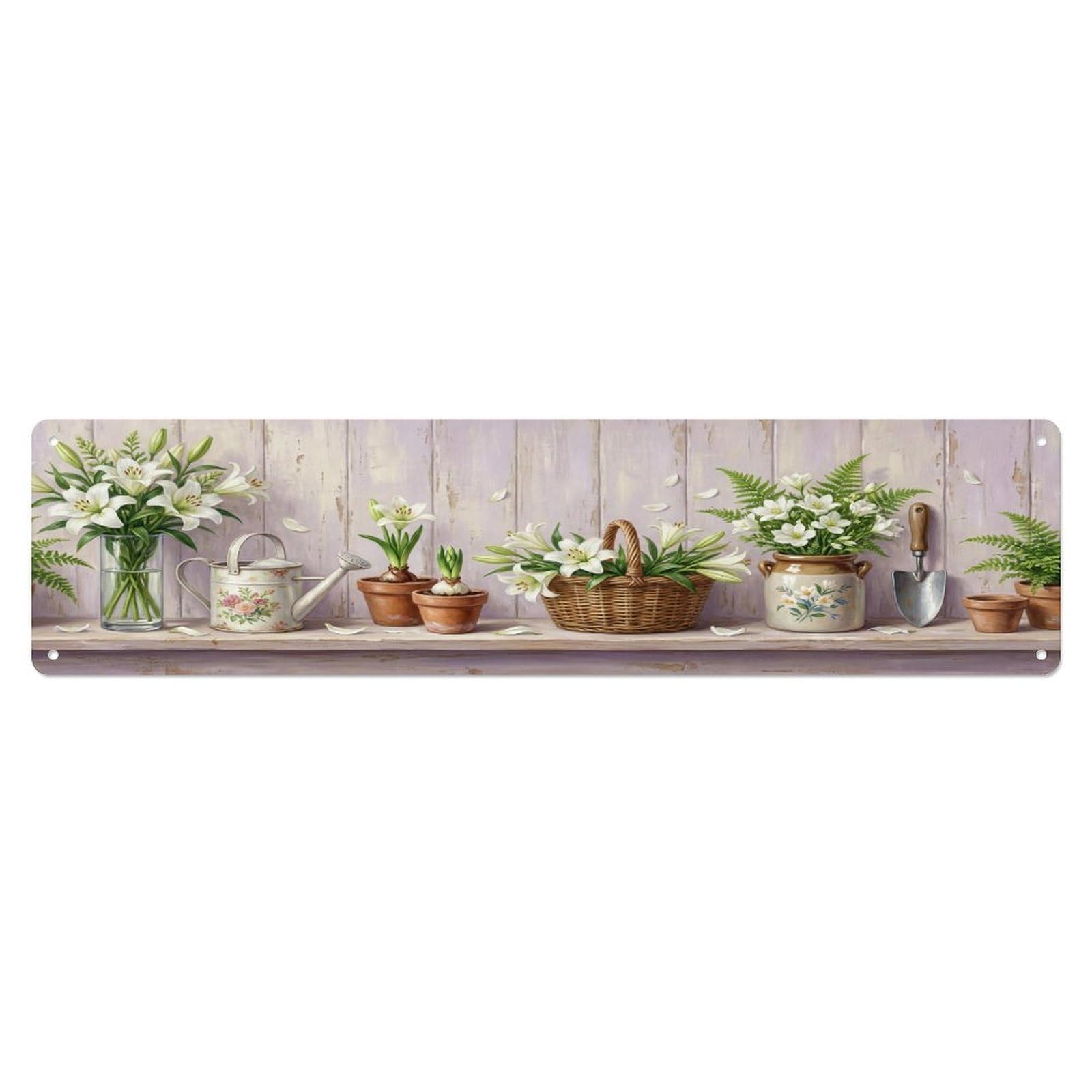 Floral Garden Tools Lily White Vase Pattern Print Metal Tin Sign