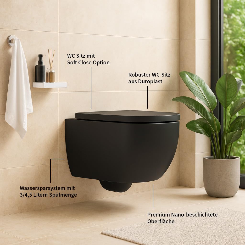 Soho Whirlflush Hänge-WC in Schwarz Matt | Toilette für Gäste-WC | Tornado-Spültechnik & Nano-Beschichtung für Top-Hygiene | Spülrandlos, Geräuscharm | Mit SoftClose-Sitz aus Duroplast