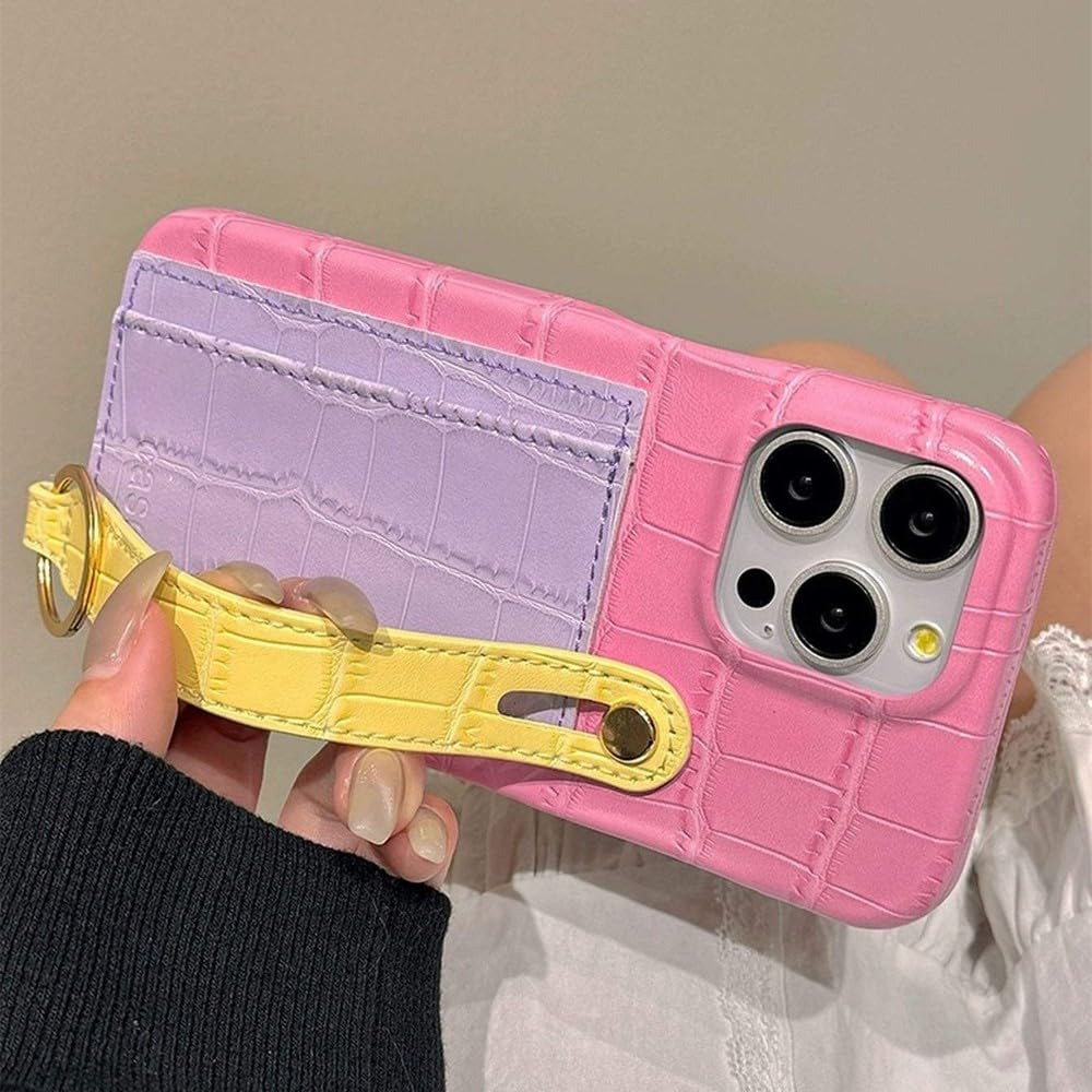 Estuche de Cuero con Estampado en Contraste para iPhone 15 Pro MAX, 14, 12 y 13 Pro, con Correa para la muñeca, Color Rosa, para iPhone 12 Pro MAX (6.7")