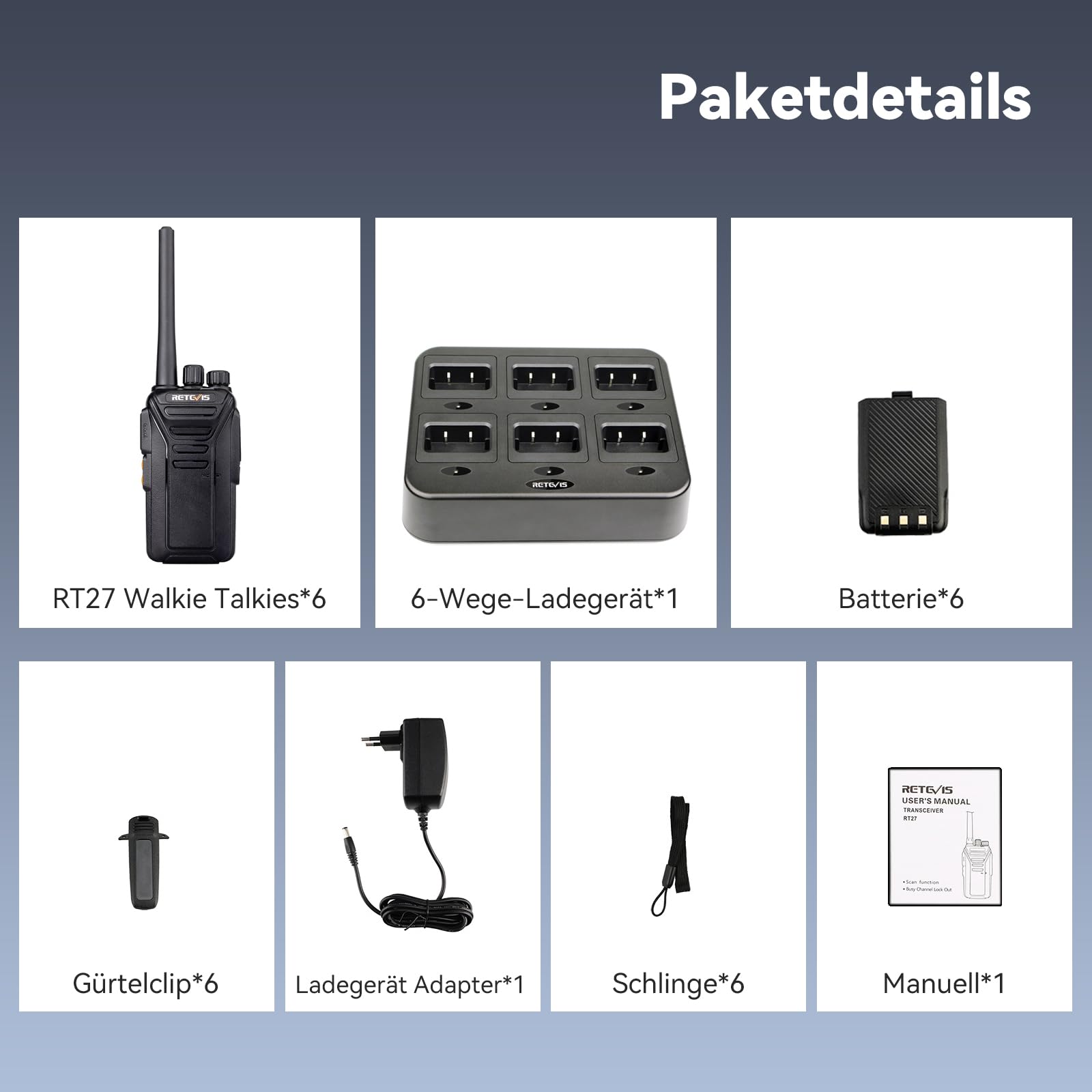 Retevis RT27 Funkgerät Professionell, Funkgeräte 6er Set für Baustelle | Walkie Talkie PMR446, Funkgeräte mit 6 Fach Ladegerät,16 Kanäle VOX, Funkgerät für Sicherheitsdienst, Logistics (Schwarz)