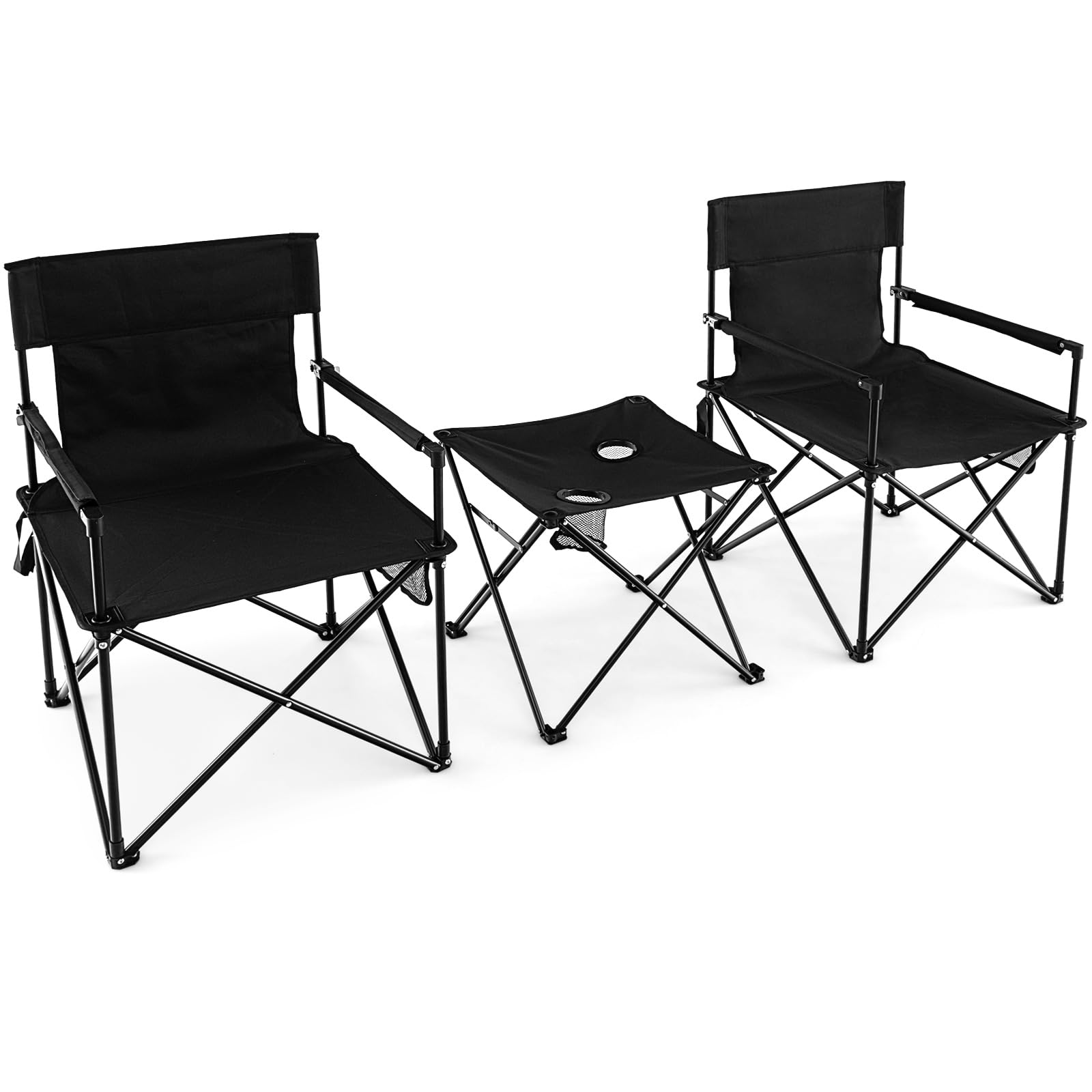 COSTWAY Juego de Sillas Camping Plegable y Mesa, 2 Sillas Camping Portátil y Mesa Auxiliar con 2 Portavasos, Bolsa de Transporte, Pesca, Picnic, Barbacoa, Negro