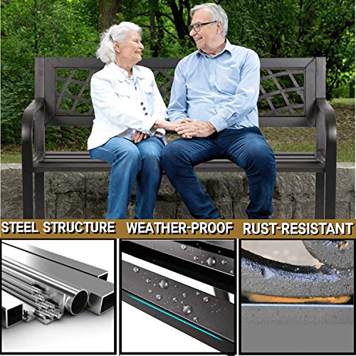 Homeclever Metal Garden Park Bench, 45.5Inch Powder Coated Cast Iron Pvc Mesh Pattern Design Patio Bench W/Armrests Sturdy Steel Frame, Outside For Front Porch Path Yard Lawn Deck Furniture, Black #TOP2