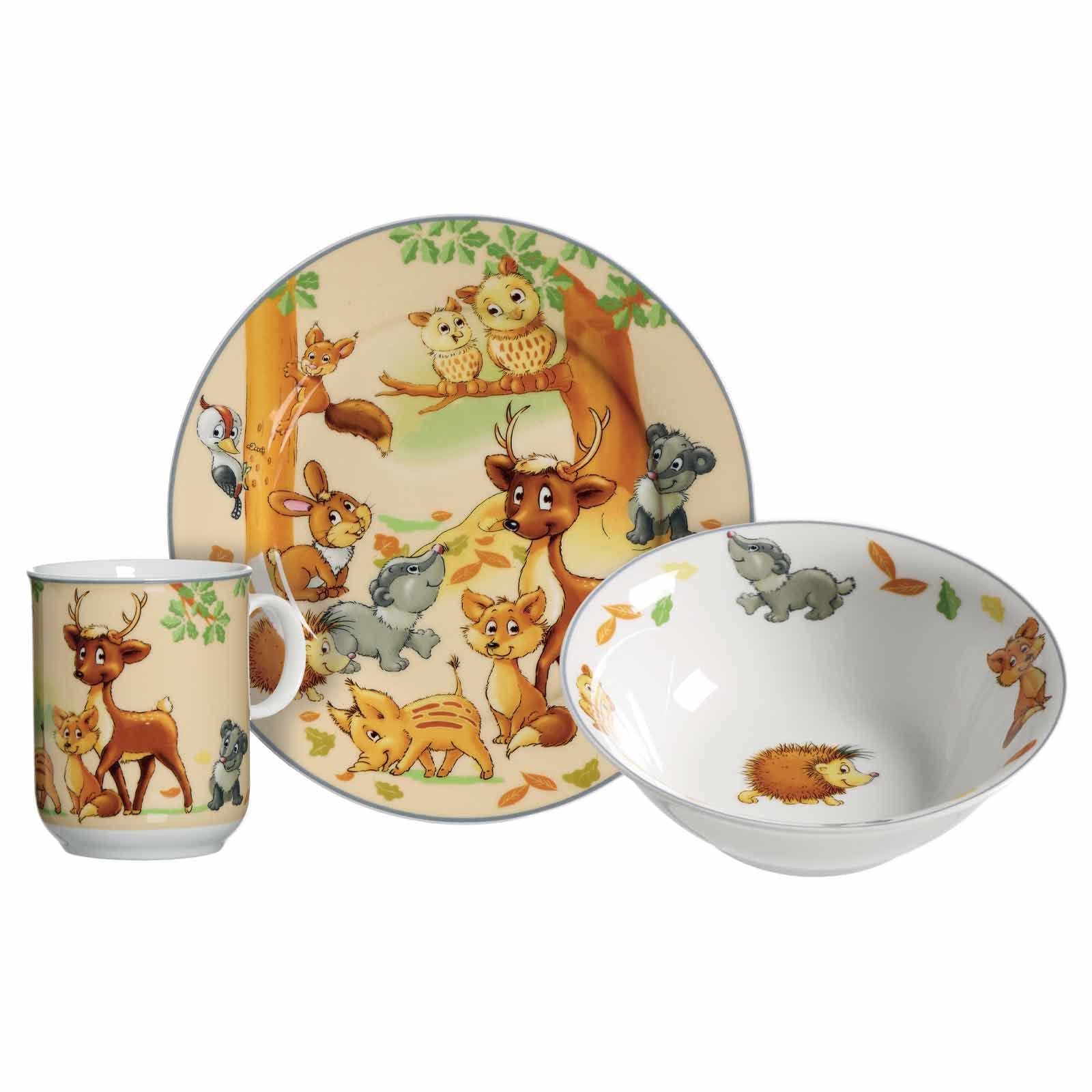 Ritzenhoff & Breker Kindergeschirr Set mit Besteck Waldtiere, 7-teilig, Bunt, Schale Becher Teller aus Porzellan, Gabel Messer kleine & große Gabel aus Edelstahl