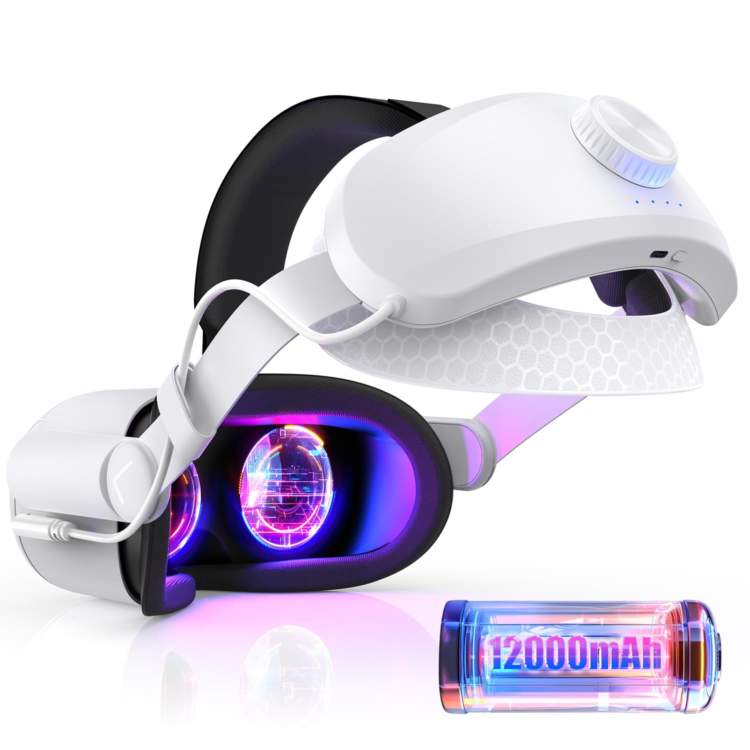 Head Strap with 12000mAh Battery for Oculus Quest 2, Battery Pack for Extended 8-10 Hrs of Playtime, Fast Charging VR Power, Adjustable Elite Strap Enhanced Support and Balance for Meta Quest 2