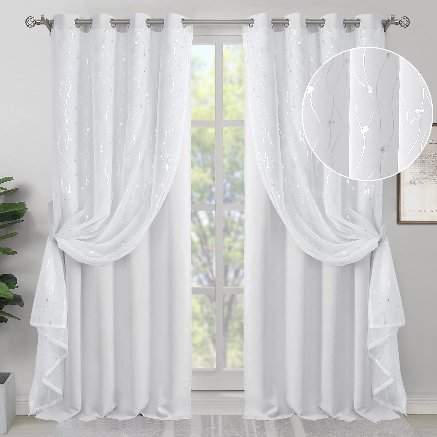 BGment Room Darkening Curtains with Sheer Overlay, Silver