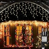 Qelus 400LED Eisregen Lichterkette, Lichterketten Außen 10m Eiszapfen Lichter, 8 Modi Beleuchtung Timer Lichtervorhang für Aussen Innen Weihnachten Garten Party Balkon Hochzeit Deko, Warmweiß