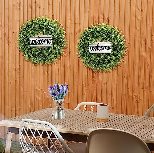 Huadanbor 18" Wreath, Artificial Boxwood Wreaths For Front Door, Including Welcome Sign And Wreath Hanger, For Spring Summer Autumn And Winter, Indoors,Outdoors, Corridors, Offices. (Green) #TOP5