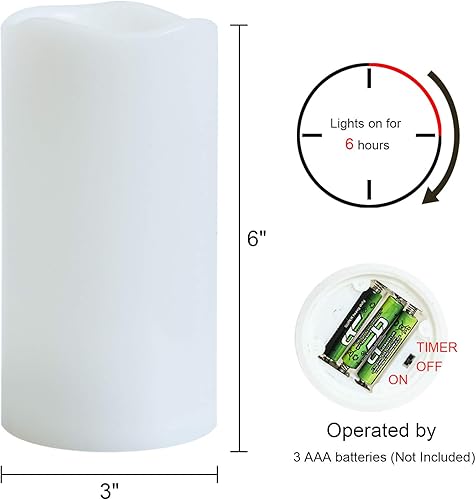 Miniatura 6 de GenSwin Velas de pilar sin llama impermeables para exteriores de 3 x 6 pulgadas con temporizador, funciona con pilas, luz LED parpadeante cálida