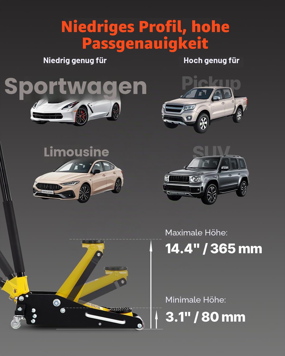VEVOR Rangierwagenheber 1,5 t hydraulischer Wagenheber mit Doppelkolben-Schnellhubpumpe, 80-365 mm Autoheber aus Aluminium & Stahl, 99 mm Tablettdurchmesser Wagenheber für Geländewagen & Werkstatt