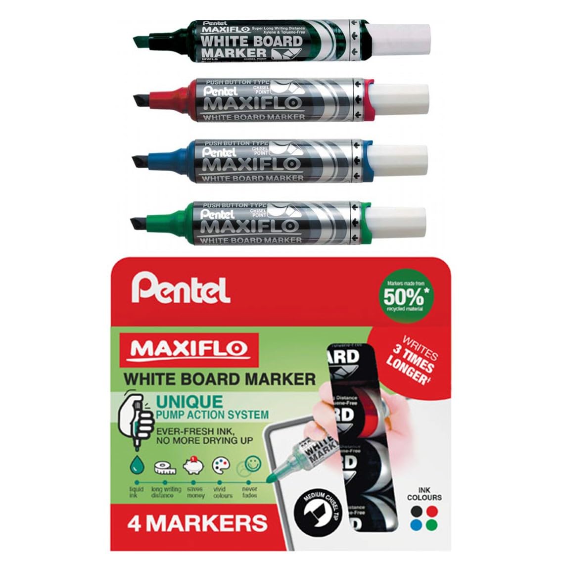 Pentel 5.7mm Chisel Tip Wallet 4 Maxiflo White Board Liquid Ink Marker - Black/Red/Blue/Green