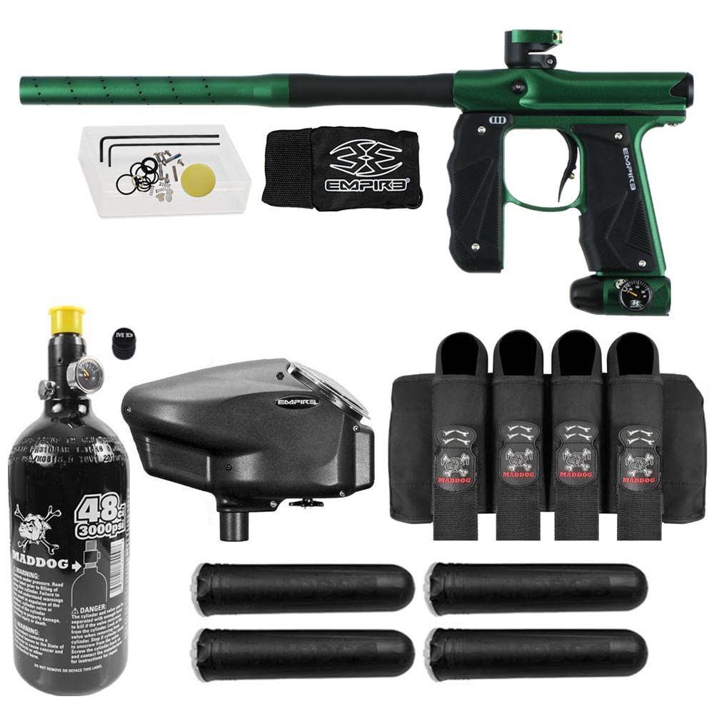 MaddogEmpire Mini GS Electronic Full Auto Paintball Gun Marker w/ 48/3000 HPA Paintball Tank, Empire Halo Too Electronic Loader, 4-Pod Harness & (4) Pods Starter Package