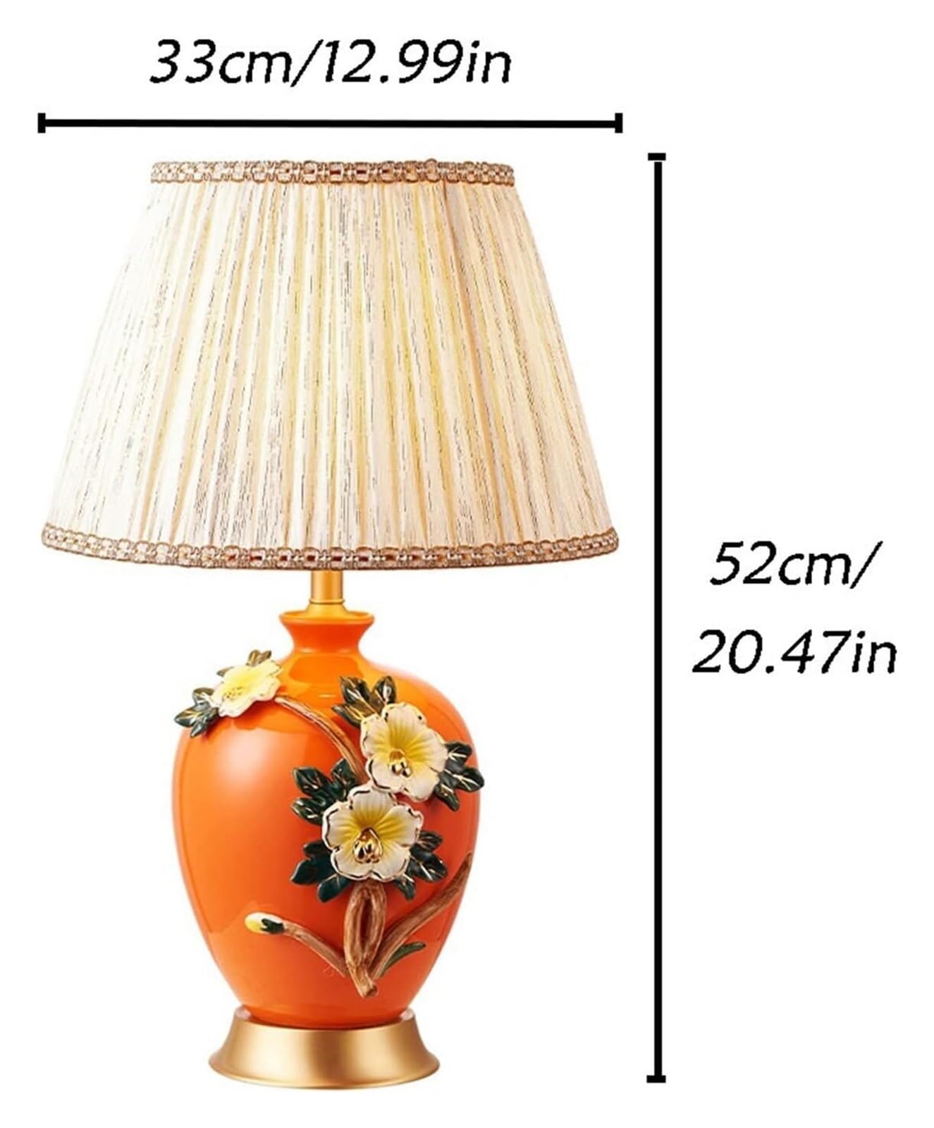 Pomarańczowa emaliowana ceramiczna lampa stołowa w kwiaty, lniany klosz Lampka nocna na biurko z miedzianą podstawą, Lampa dekoracyjna z przyciskiem