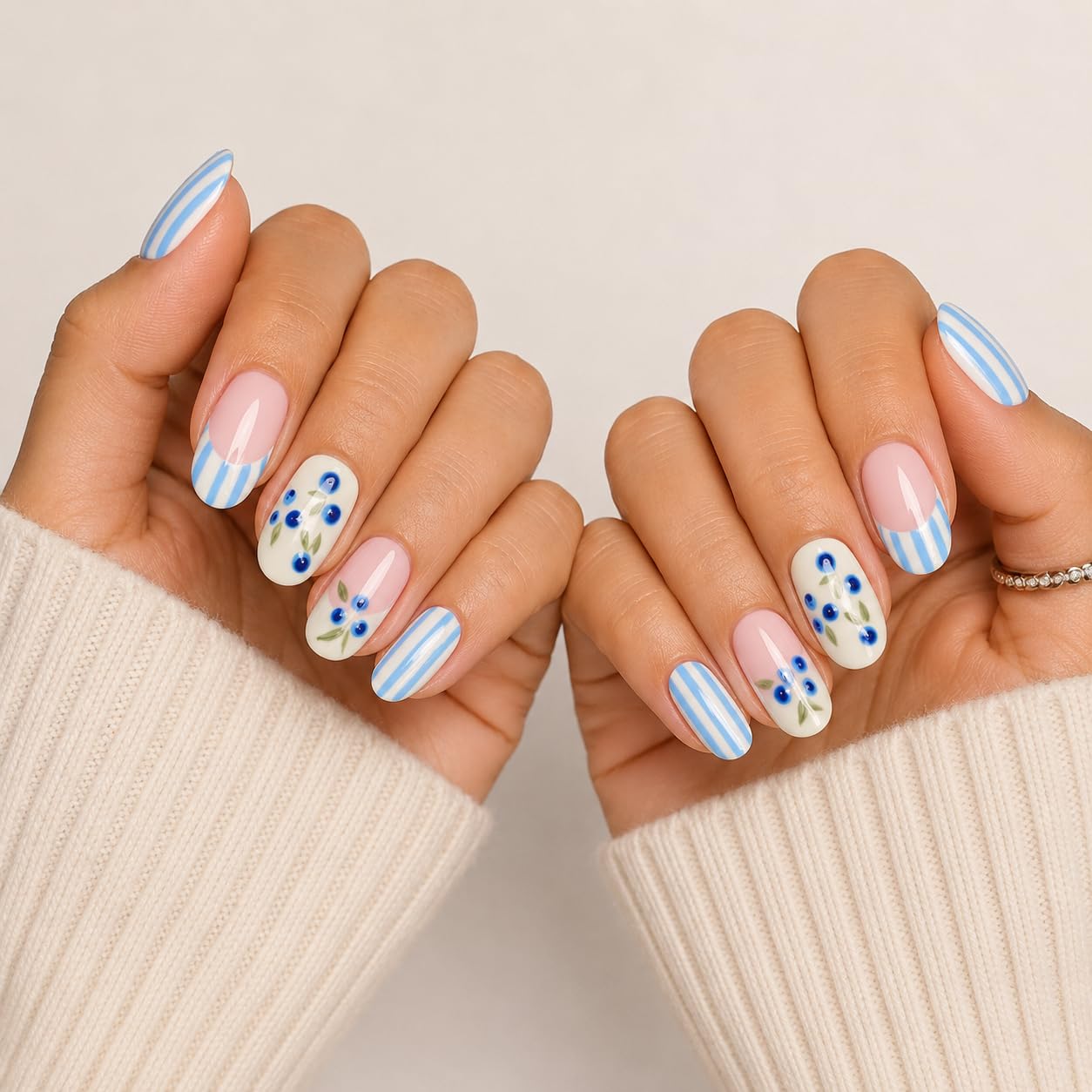 Blue Blossom French Press-On Nails, Almond Shape, Floral Striped Design, Glossy Finish, 12 Pieces-image-43