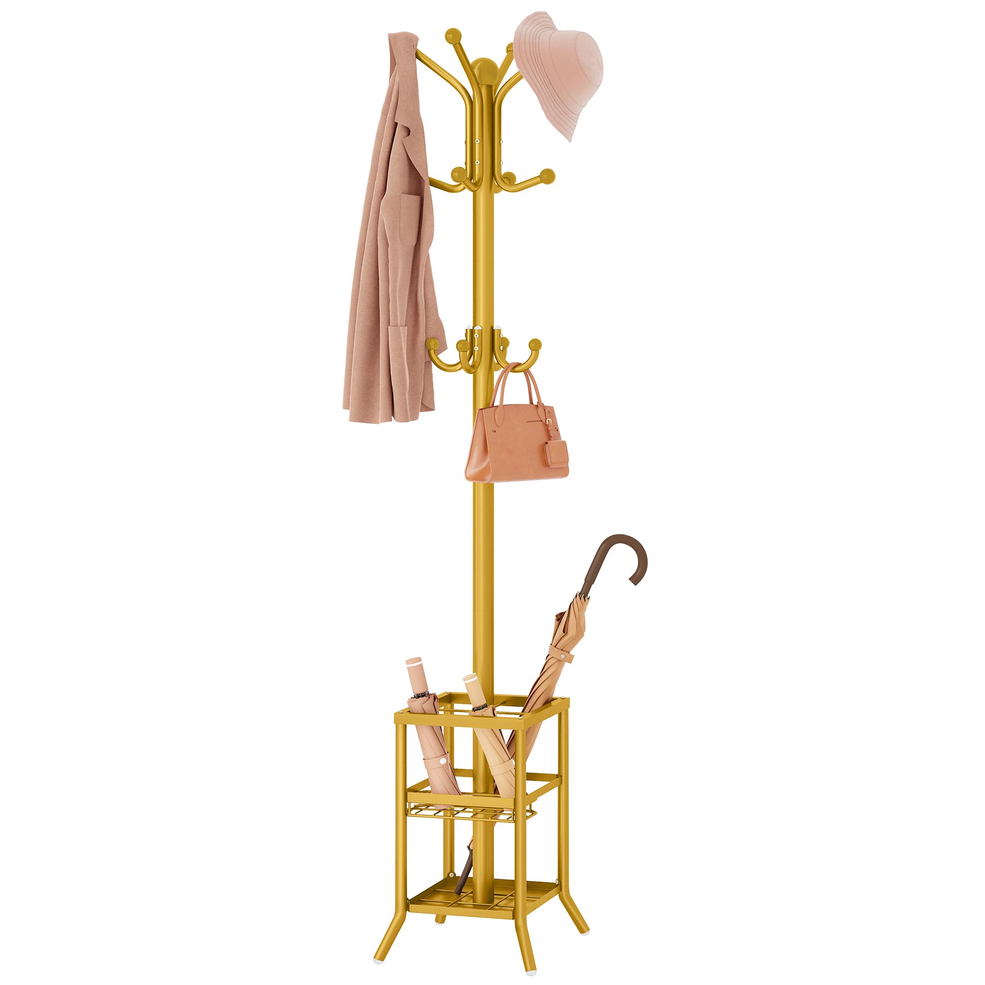 FAVOOSTY Appendiabiti con Portaombrelli, Appendiabiti con 12 Ganci, Supporto per Giacche, in Piedi, per Soggiorno, Camera da Letto (Oro)