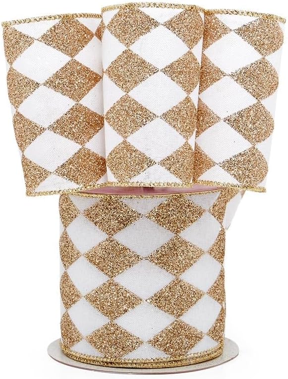 Extra Wide Harlequin Wired Ribbon - 4" X 10 Yards Champagne/White