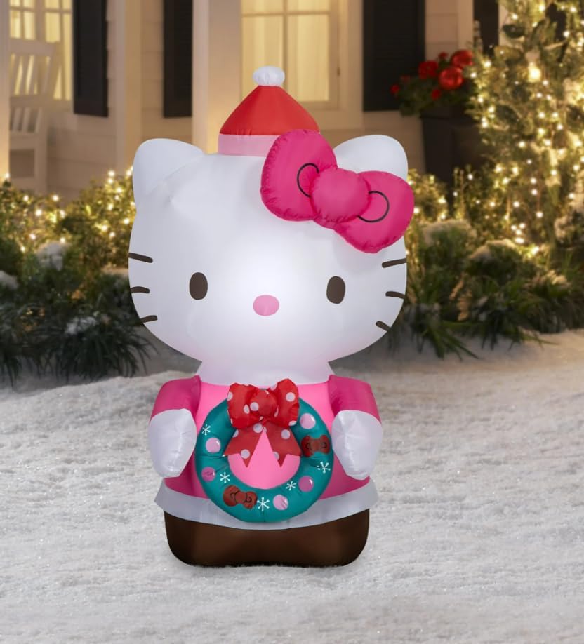 Christmas Inflatable Hello Kitty in Pink Dress Sanrio 4.5 Foot Air-Blown Inflatable Blow Up - Comes with Tether Stakes, Rope, Power Supply and a Repair Patch