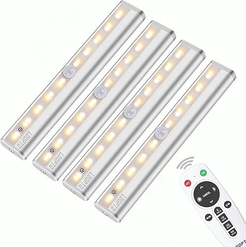 Paquete de 4 luces inalámbricas para debajo del gabinete, 20 luces LED regulables con pilas, para debajo del mostrador, barra de luz nocturna para