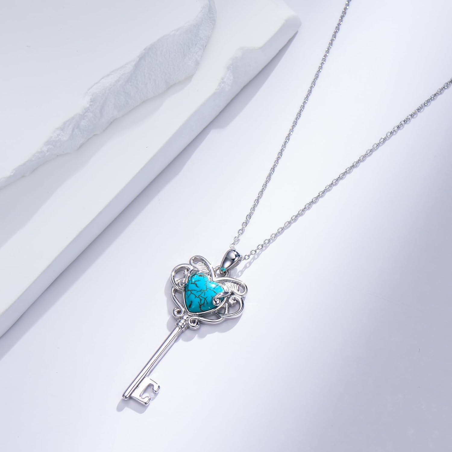 Natural Turquoise Key Necklace for Women 925 Sterling Silver Key Pendant Heart-Shape Turquoise Jewelry Gifts for Mom Wife - Image 7