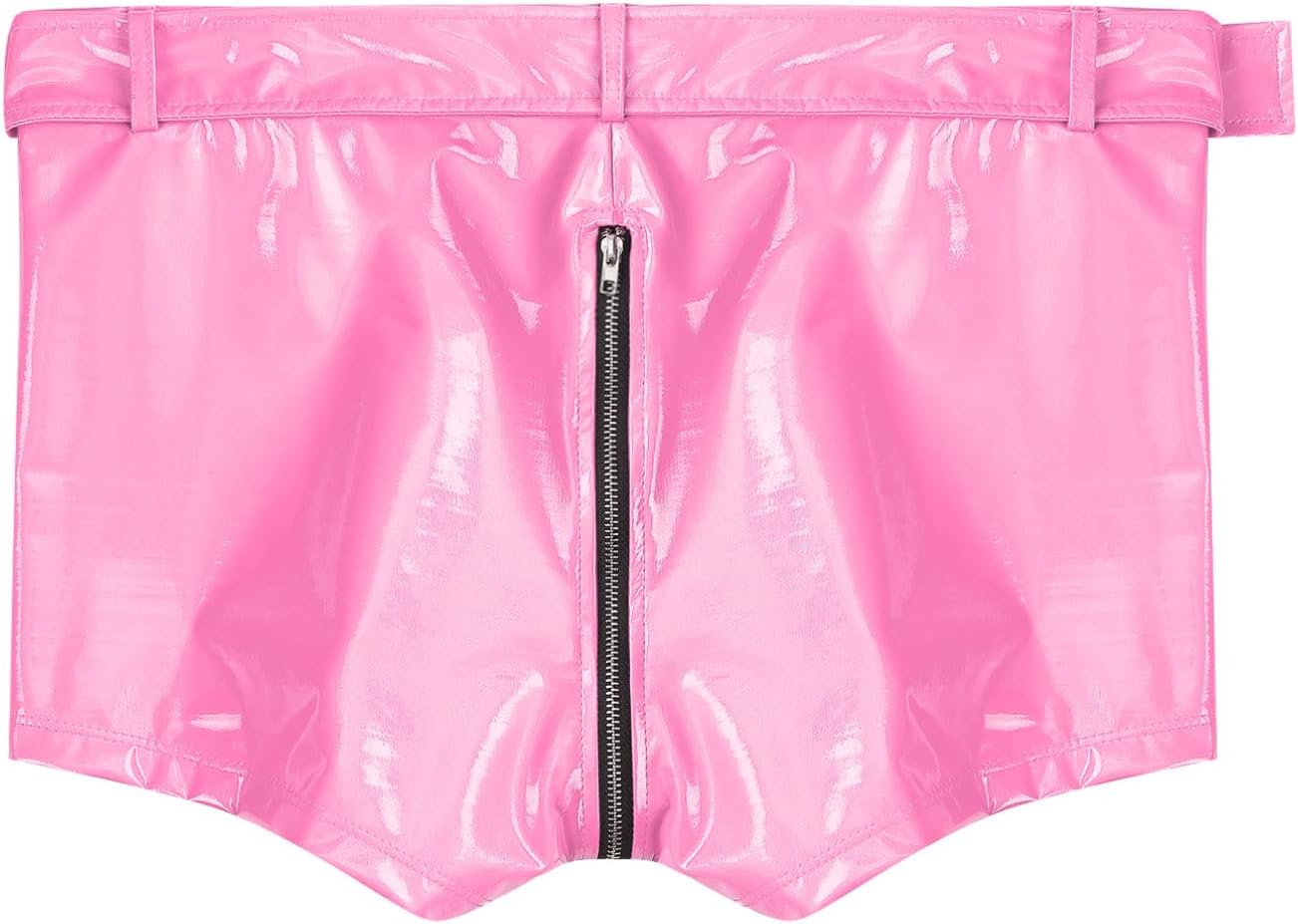 TiaoBug Men's Latex PVC Leather Zipper Crotch Shorts Bulge Pouch Boxer Briefs Buckled Hot Pants
