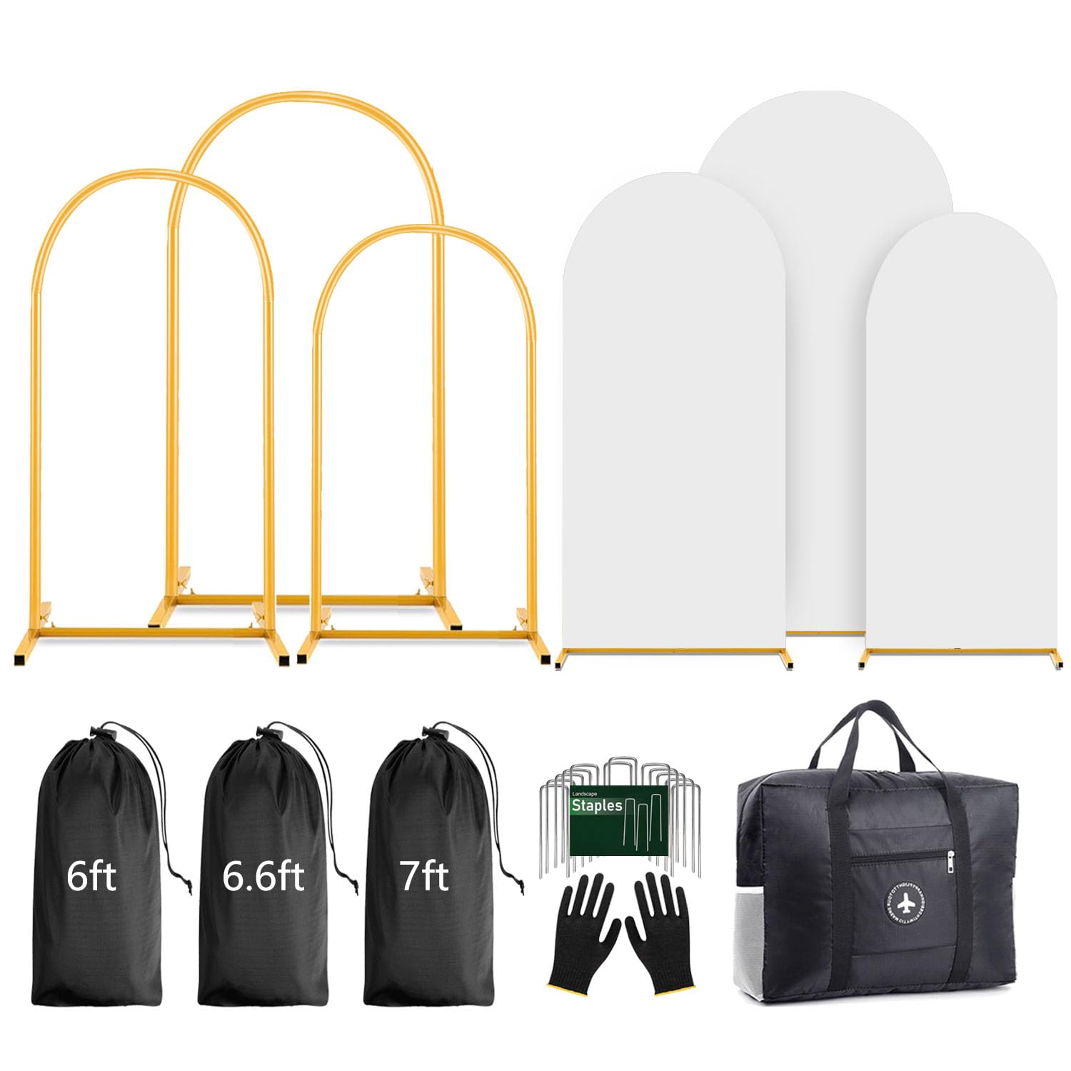 Photo 1 of Arch Backdrop Stand and Cover Set (7.2ft,6.6ft,6ft) Metal Arch Frame Stand Gold, Wedding Birthday Party Baby Shower Graduation (White, 7.2Ft+6.6Ft+6Ft)