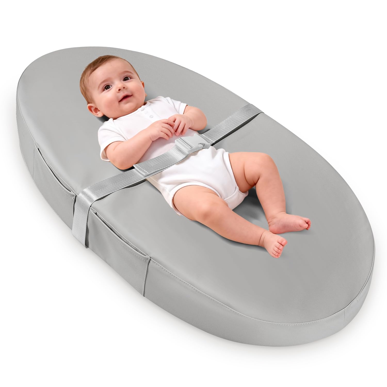 Vegan Leather Baby Changing Mat with Wipeable & Waterproof PU Cover (80 x 40 x 10cm) Baby Nappy Changing Mat for Dresser with Anti-Roll & Non-Slip Safety Belt & Storage