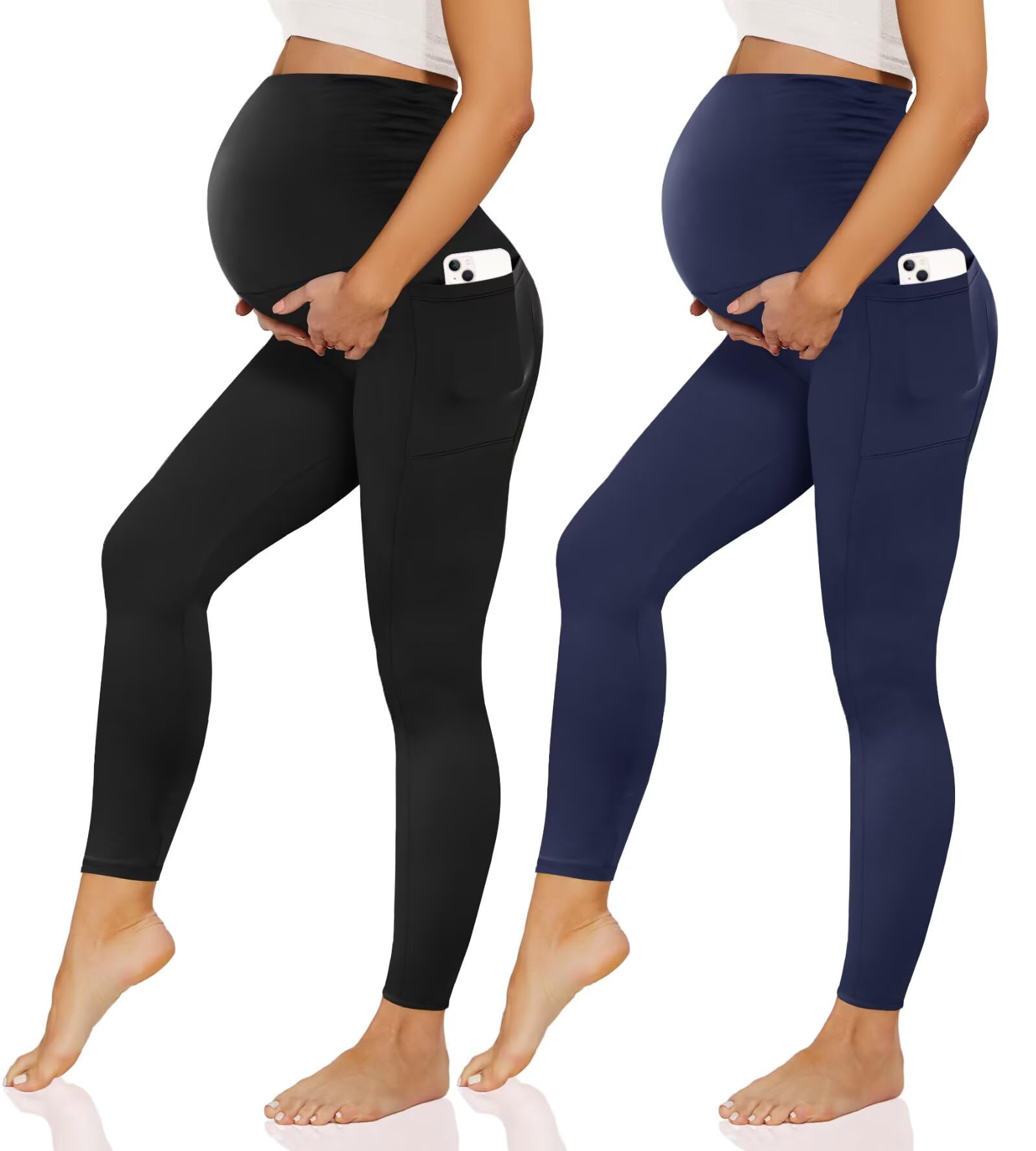 Happy.angel 2/3/4 Pack Maternity Leggings with Pockets Over the Belly, Womens Black Workout Yoga Pregnancy Pants