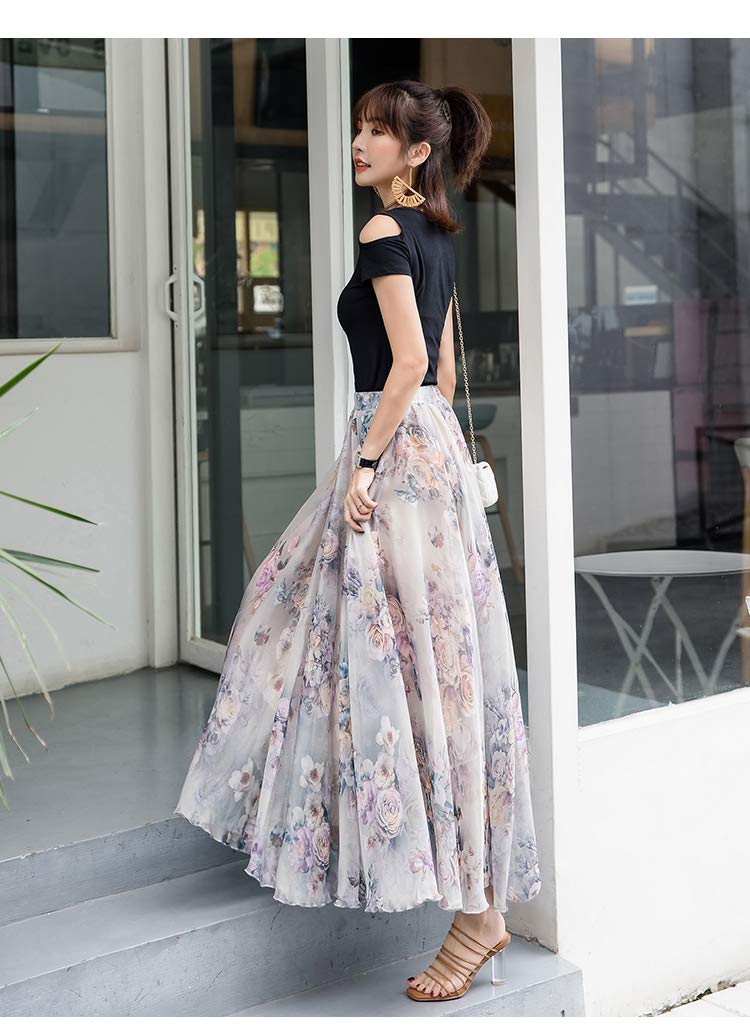 URYYRIT Strandkleid Rock Sommer Großer Schwung Chiffon Blumenrock Frauen Bohemian Strand Langer Rock-M,T