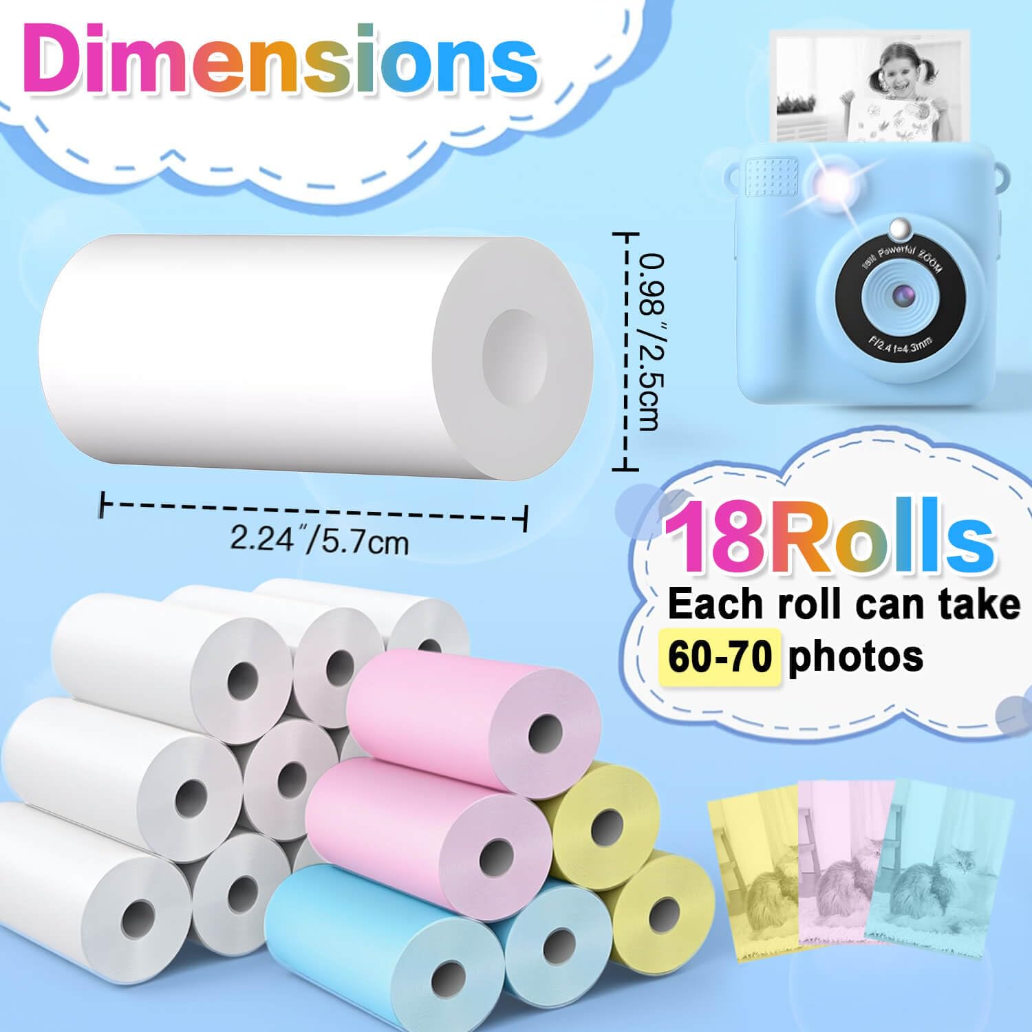18 rollos de papel de repuesto para cámara para niños, compatible con la mayoría de cámaras de impresión instantánea para niños (2.25 x 1 pulgada)
