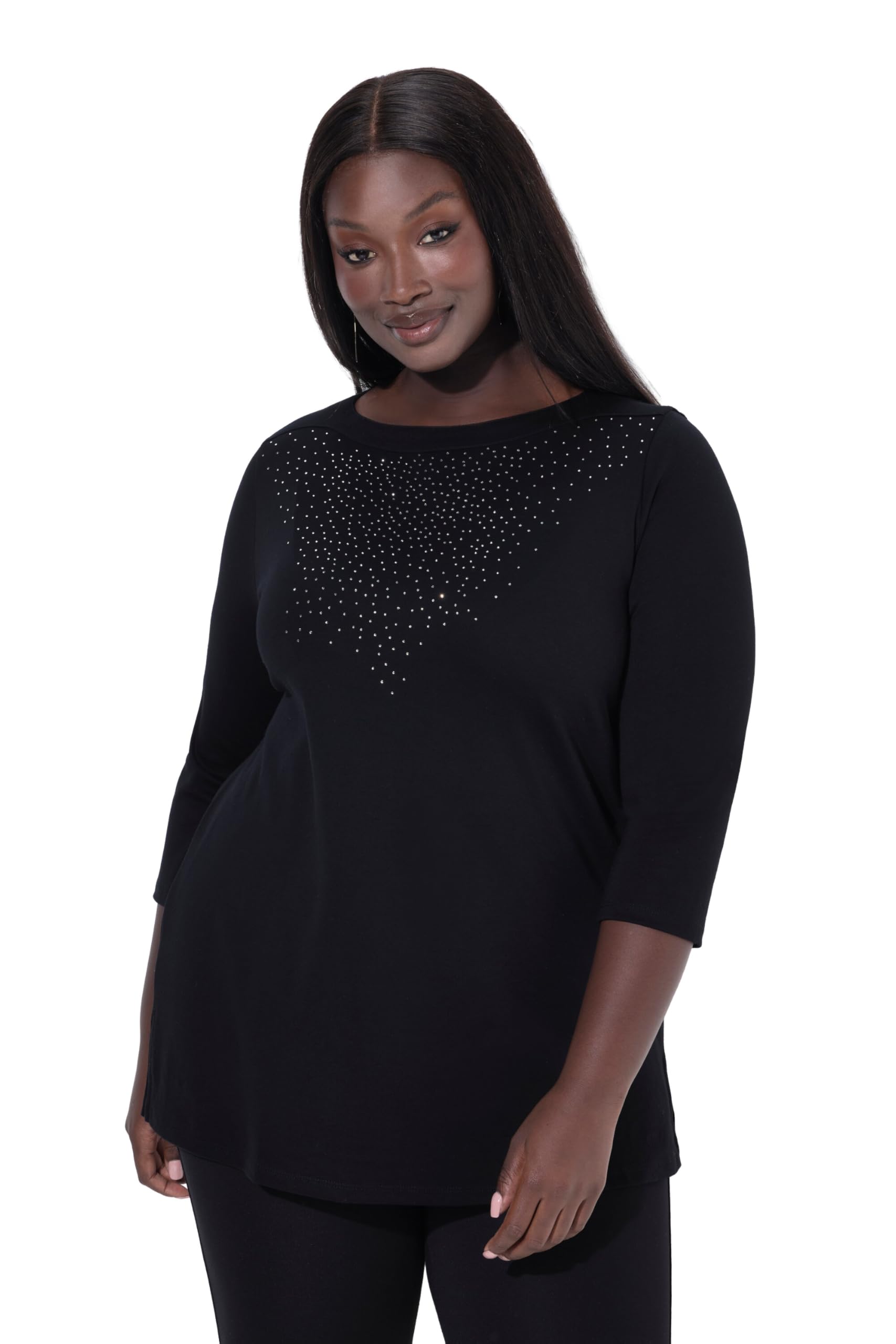Ulla Popken Damen große Größen Übergrößen Plus Size Shirt, Ziersteine, U-Boot-Ausschnitt, 3/4-Arm, Pima Cotton 844951