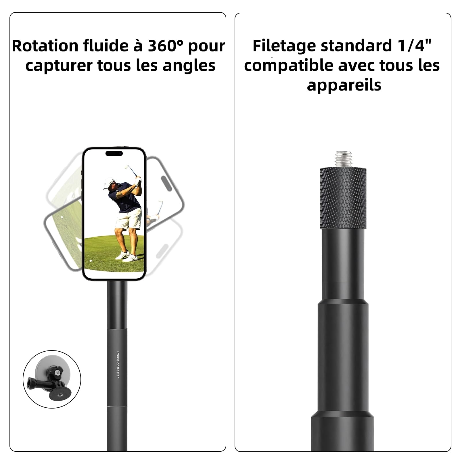 PrecisionMaster Palo Monópode de Golf, Graba tu Swing de Golf con Soporte Magnético para Teléfono y Control Bluetooth, Trípode Ajustable con Clavo, Compatible con GoPro e Insta.