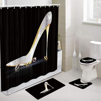 Amazon Com Jawo Girly Decor Shower Curtain And Bath Mat Set 69x70 Inch Fashion Lady High Heel Shoe With Diamonds Bathroom Curtain With Hooks Bathroom Mat Set With Contour Rug Mat And Toilet