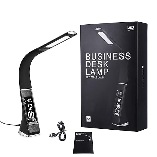 AAGNA Portable Business Desk Light - Eye-Caring Table Lamp Office Study Desk Table with Children Eye Protection Switch Calendar Thermometer Time & Alarm Clock, Touch Control USB Touch Switch