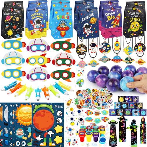 SunnyMemory Space Party Favors Birthday & Party Decorations - 254 PCS Outer Space Goodie Bag Stuffers Fillers for Kids with Astronaut Toys Stickers Stress Balls Masks and Necklaces