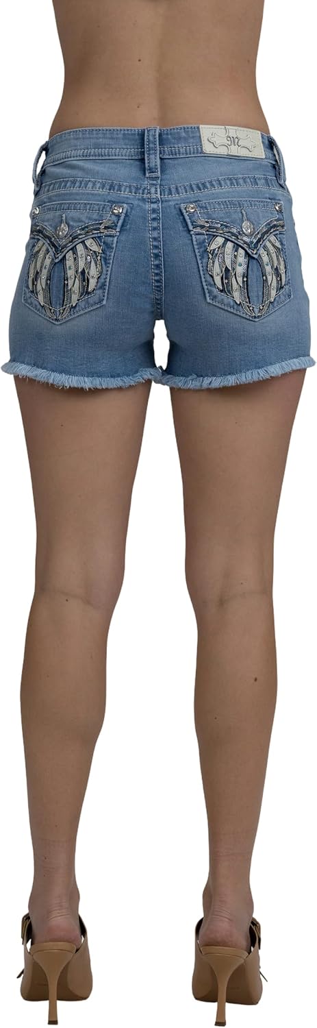 Miss Me Women's Downturned Wing Embellished Faux Flap Pockets Mid-Rise Frayed Jean Shorts