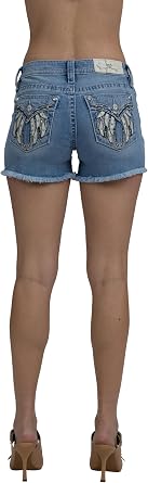Miss Me Womens Downturned Wing Embellished Faux Flap Pockets Mid-Rise Frayed Jean Shorts