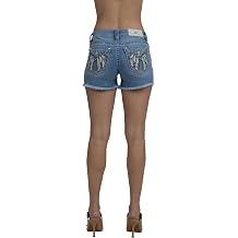 Miss Me Women's Downturned Wing Embellished Faux Flap Pockets Mid-Rise Frayed Jean Shorts