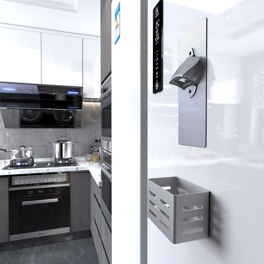 Abridor de botellas de cerveza con colector de metal montado en la pared de acero inoxidable para nevera con colección de botellas grandes