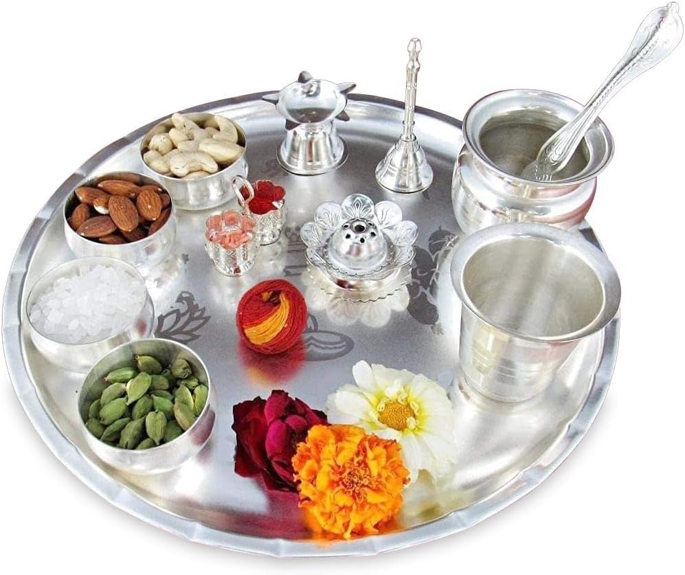 NOBILITY Pooja Thali Set Silver Plated Large 12 Inch Puja Thali for Diwali Decoration Gift Items Festival Ethnic Puja Thali for Temple Office Home Wedding Return Gifts