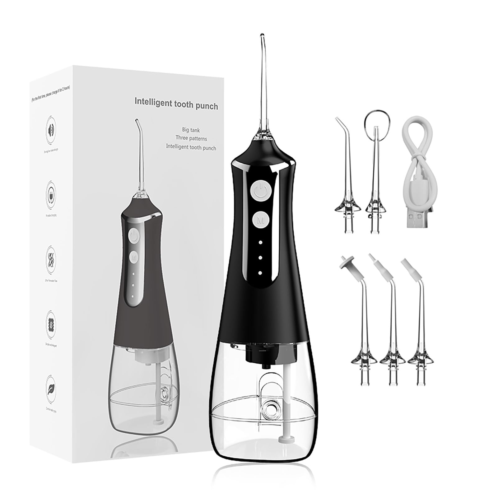 Przenośny Irygator Wodny Z Akumulatorem Ipx7 Wodoodporny 300 Ml Płuczka Wodna Dentysta Z 3 Trybami 5 Dyszami Stomatologia Do Podróżowania W Domu (Color : Black)