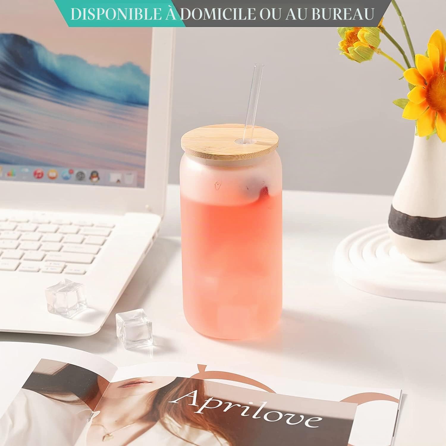LATERN 8 Pièces Boîtes en Verre pour Sublimation, 520ml Canette de Bière À Sublimation Givrée Gobelet en Borosilicaté Pot Mason avec Couvercles en Bambou et Paille Réutilisable - pour Boissons Glacées