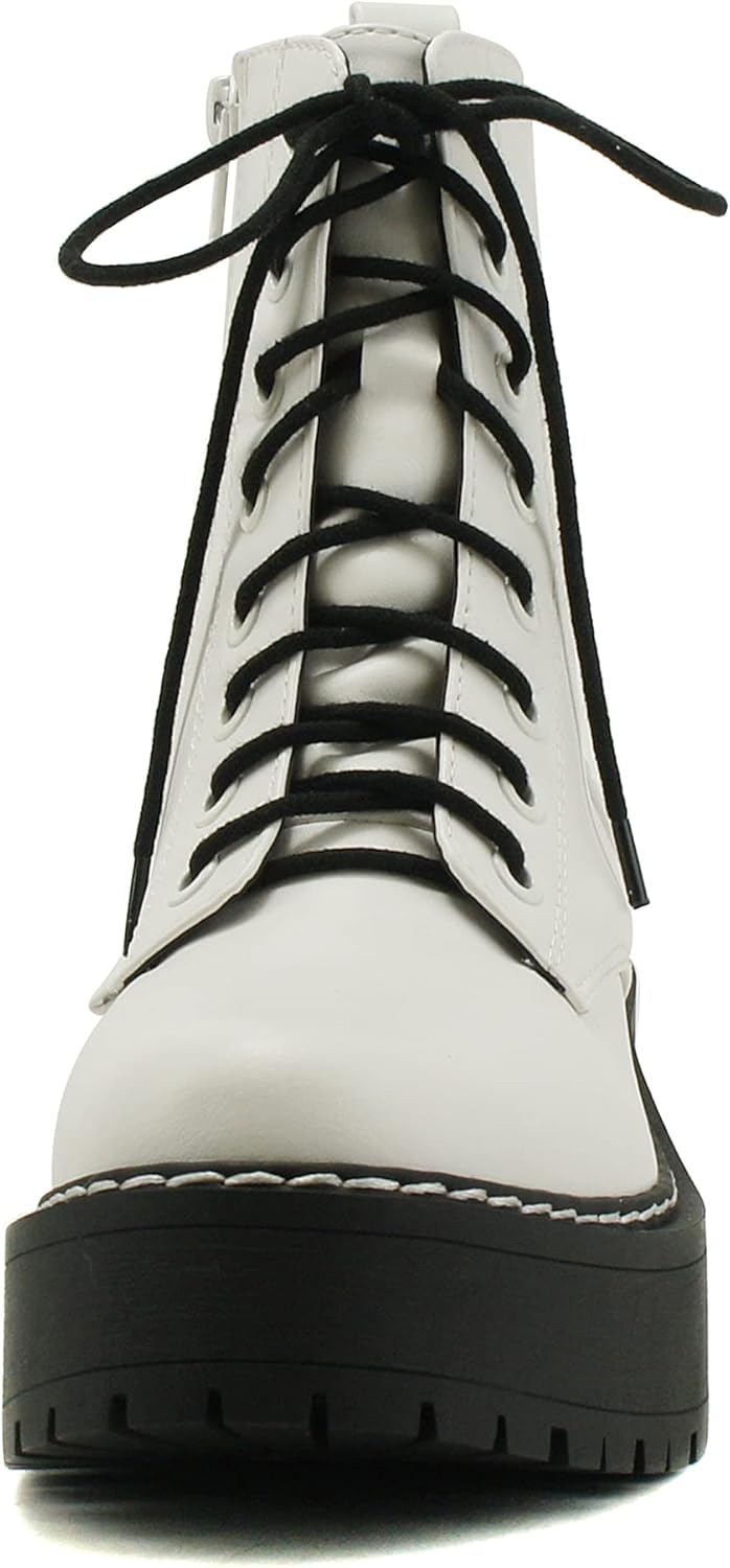 Soda FLING Women Chunky Lug Sole Lace up Fashion Combat Ankle Boot w/Side Zipper - Image 3