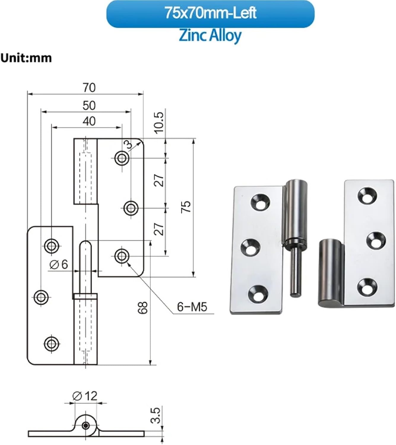 Foldable Shaped Load-Bearing Door Hinge Cabinet Mechanical Equipment Hardware Accessories 1Pcs(75x70mm-Left)