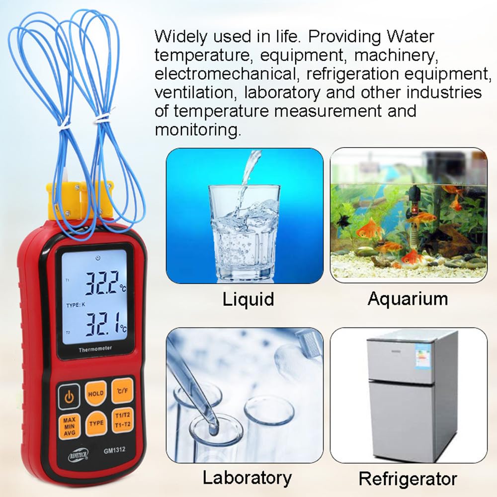 ThreeH Termometro digitale a doppio canale LCD retroilluminato con sonde termocoppia tipo K per K/J/T/E/R/S/N