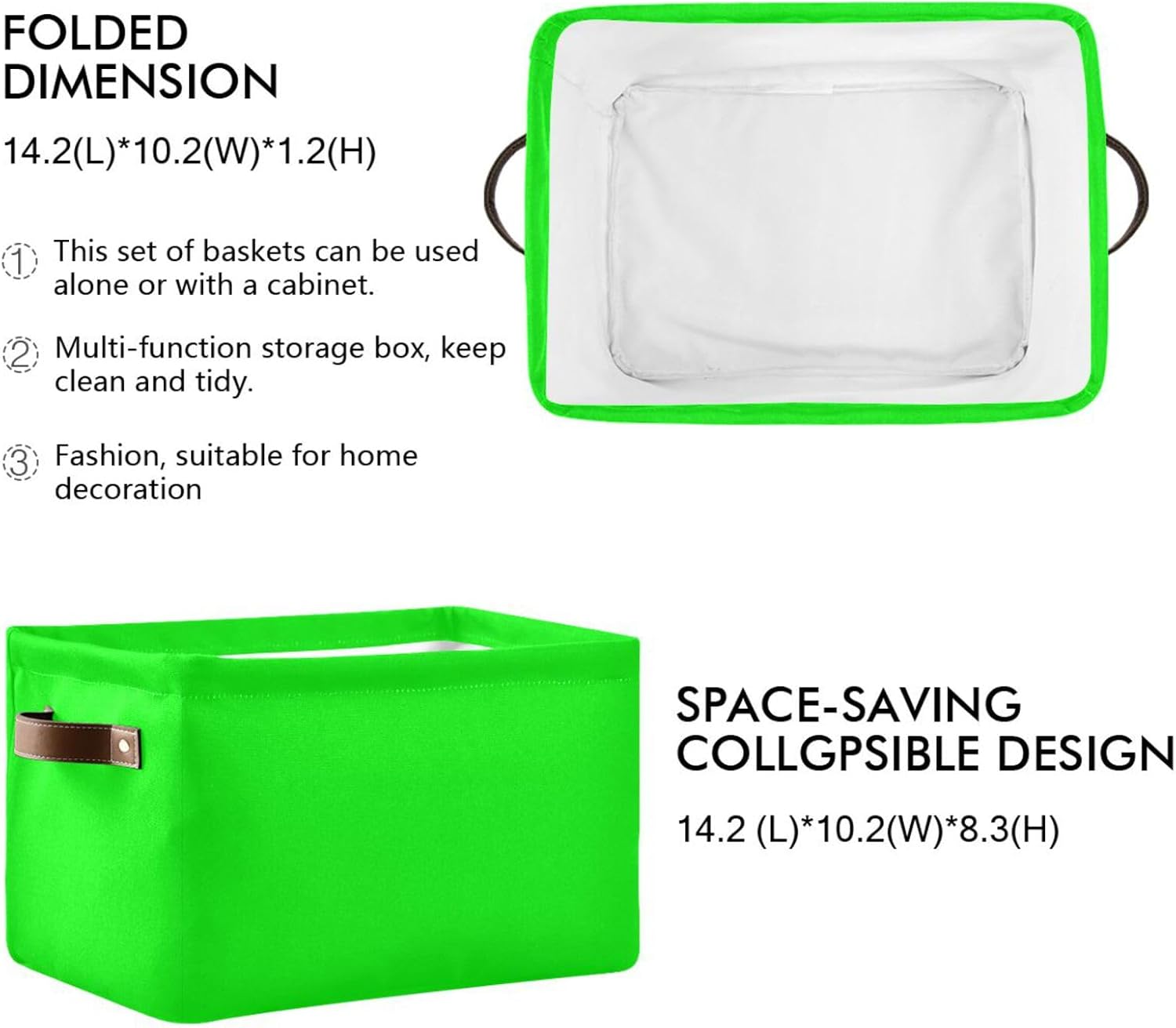 Dussdil Storage Basket Neon Lime Green Fabric Storage Organizer Box Bin for Shelf Closet Nursery Laundry, Large Collapsible Cube Baskets with Handles 2 Pack