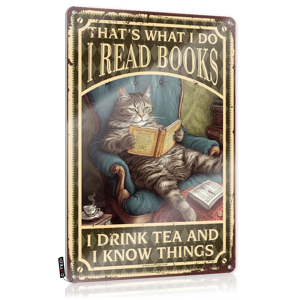 Vpguqarfr Colour Clock Tin Wall Decor Retirement Gift | Cat Kitty I Read A Book And Drink Tea Classic Yard Decoration(20X30cm)