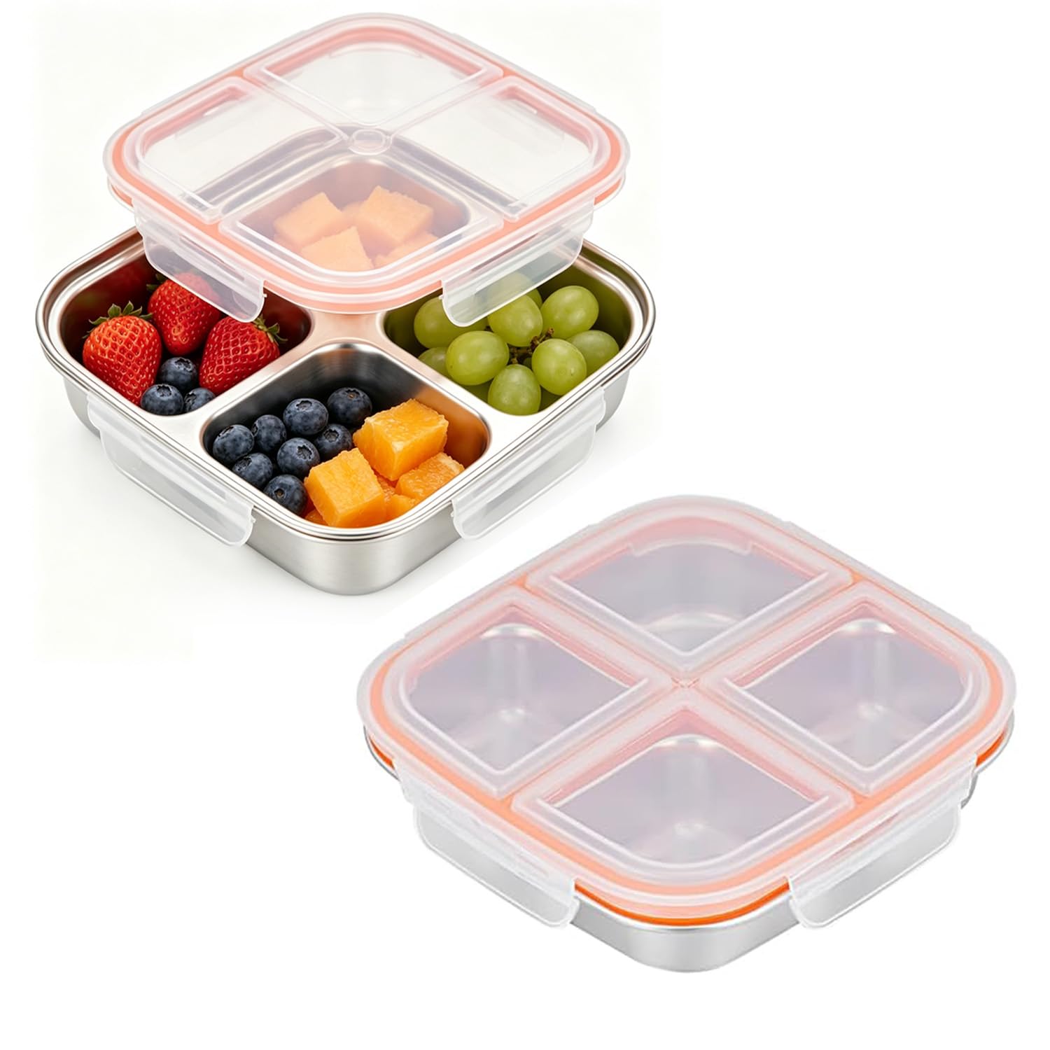 2 szt. lunchboxów z 4 przegródkami, 600 ml stal nierdzewna, szczelne bento boxy z pokrywką, wielokrotnego użytku, do szkoły, pracy i na camping