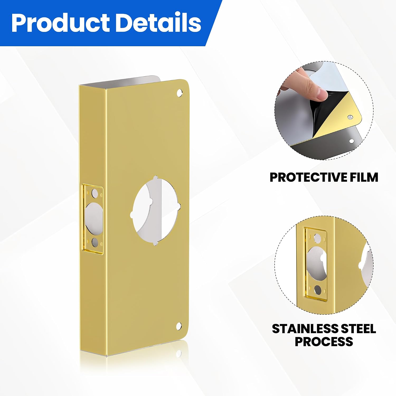 Door Knob Reinforcement Plate, Polished Gold, Fits 1-3/8" Doors, 2-3/8" Backset, Door Lock and Door Knob Cover Plate, Deadbolt Cover Plate Reinforce and Repair Wood or Metal Doors