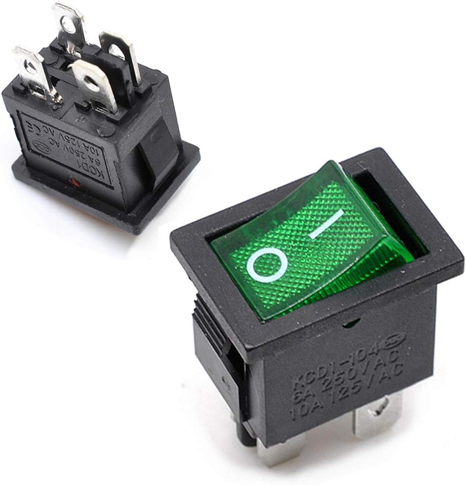 20 Pack KCD1-104P DPST Rocker Switches with Green LED Light – 4 Pin ON/Off Toggle Switches for 125V/250V AC Panel Mount Applications