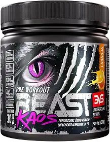 3VS Nutrition Pré-Treino Beast Kaos –Extra Forte Com Citrulina, Beta Alanina, Cafeína, Arginina, Taurina e Tirosina 300gr, Sabor Laranja